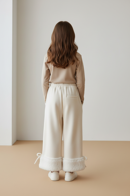 Pantalon Baggy Crème Ample Fourrure Fille Hiver - Beige Molleton - vue 2