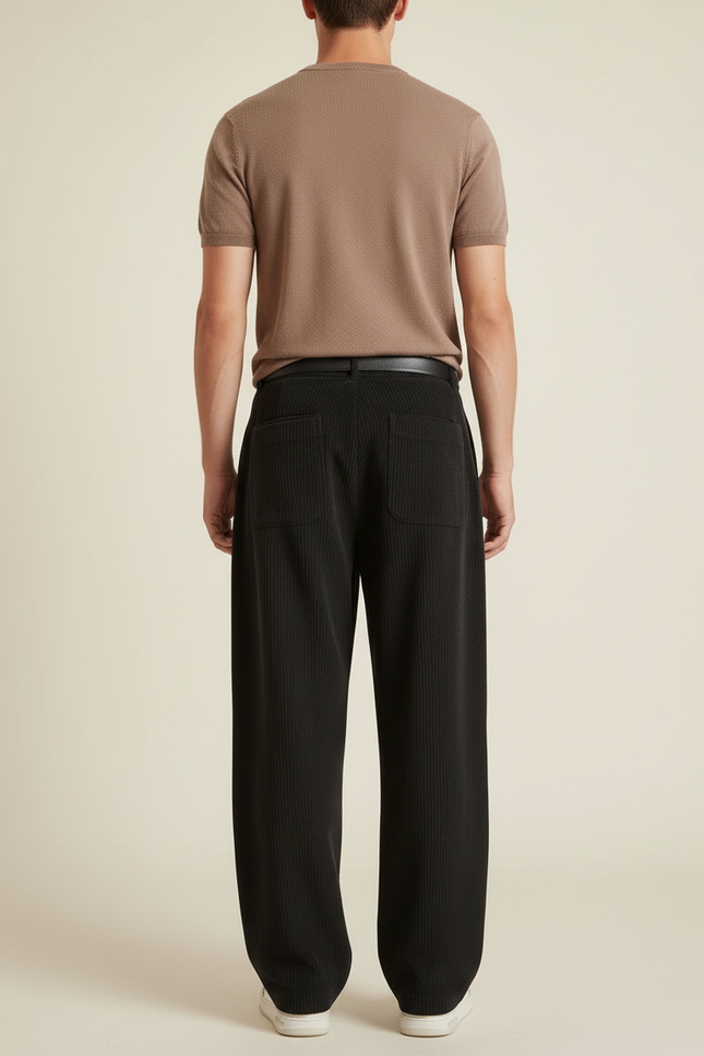 Pantalon Baggy Noir Côtelé Ample Décontracté Plissé - Cordé - vue 2