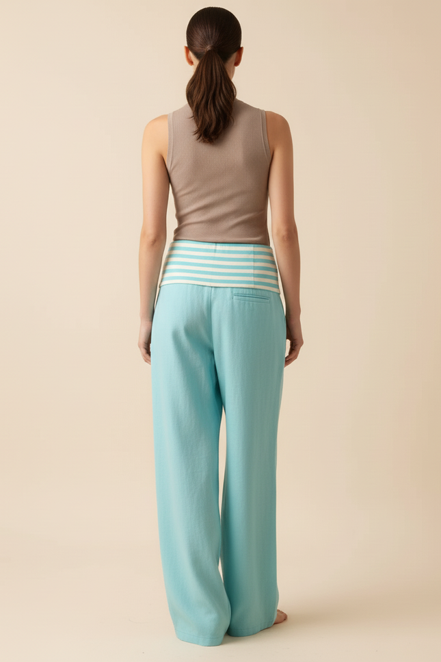 Pantalon Baggy Bleu Ciel Rayé Ample Fluide Confortable - Lin - vue 2
