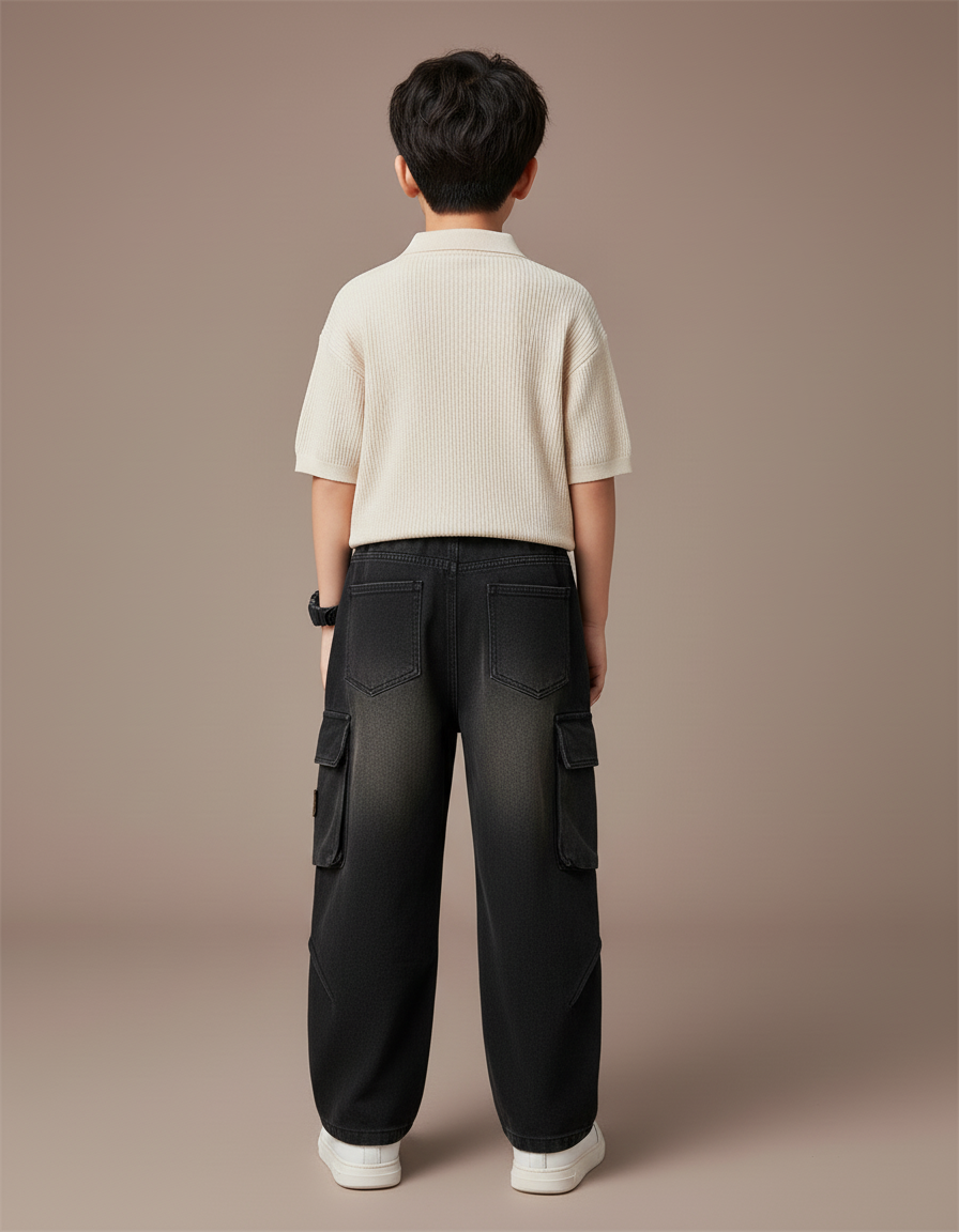 Pantalon Baggy Jean Cargo Noir Ample Enfant - vue 2