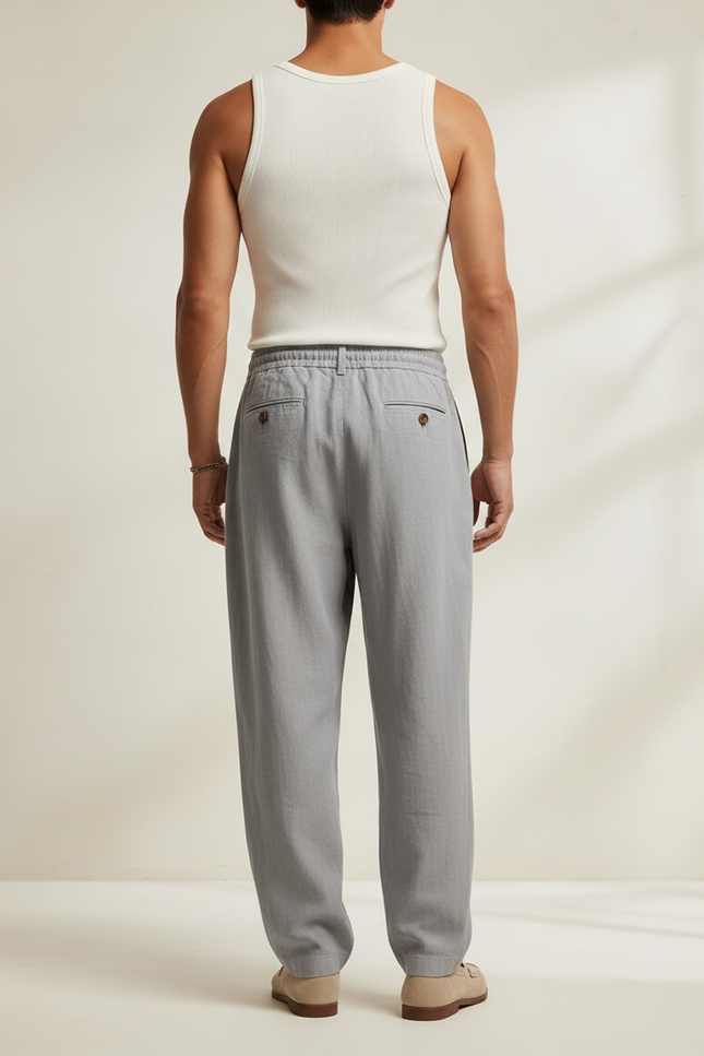 Pantalon Baggy Gris Lin Plissé Décontracté Homme - vue 2