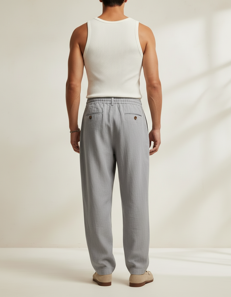 Pantalon Baggy Gris Lin Plissé Décontracté Homme - vue 2
