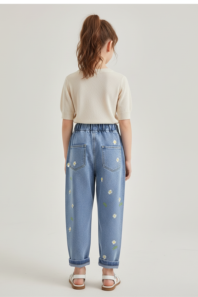 Pantalon Baggy Denim Bleu Clair Fleurs Brodées Fille - Jean - vue 2