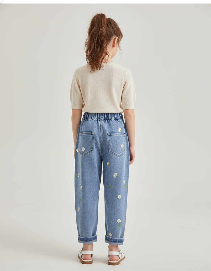 Pantalon Baggy Denim Bleu Clair Fleurs Brodées Fille - Jean - vue 2