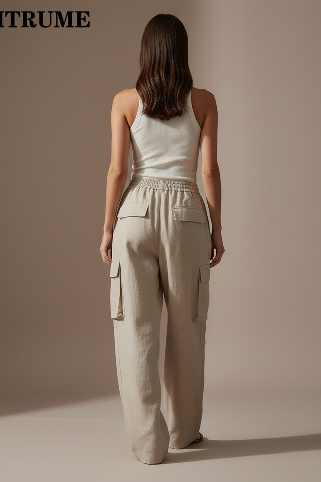 Pantalon Baggy Beige Lin Ample Cargo Taille Élastique Femme - vue 2