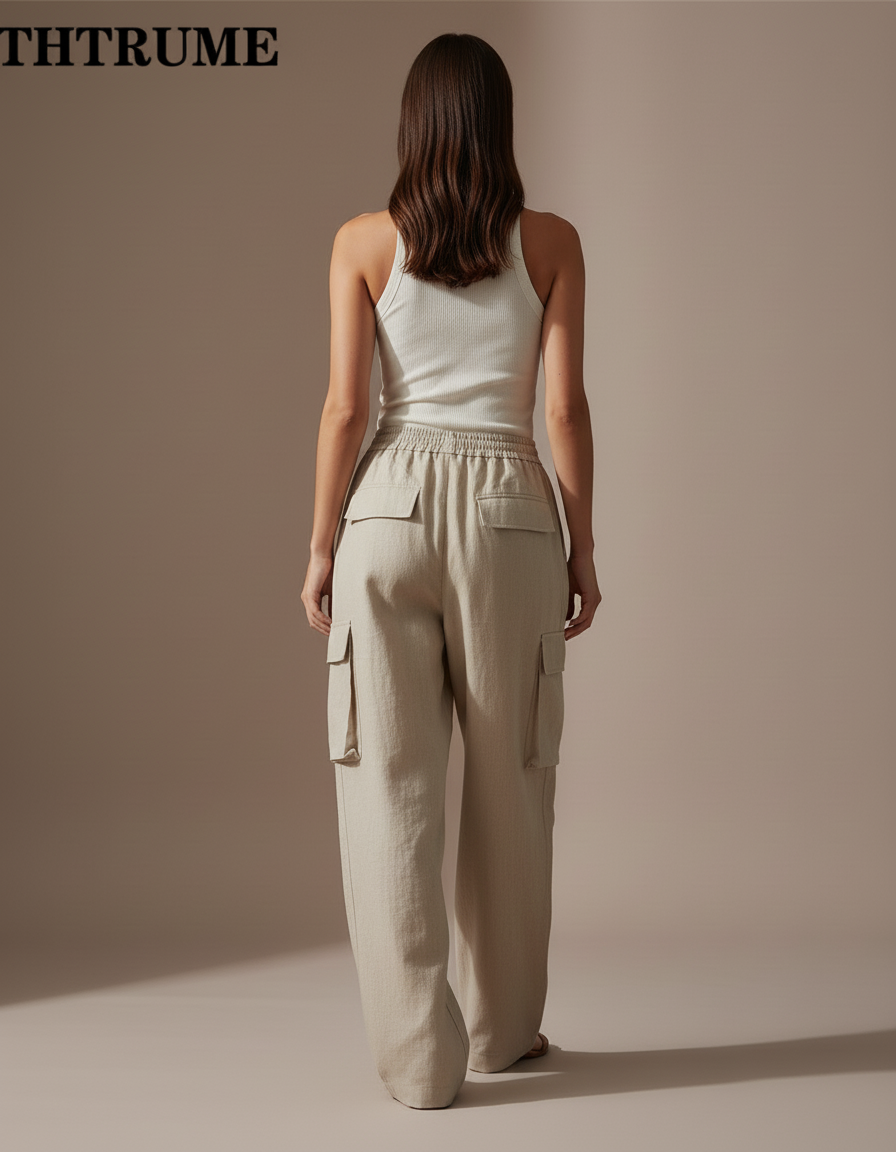 Pantalon Baggy Beige Lin Ample Cargo Taille Élastique Femme - vue 2