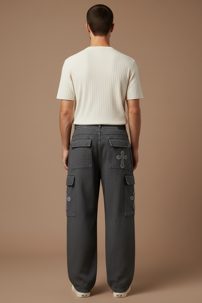 Pantalon Baggy Jean Gris Ample Croix Décontracté - vue 2