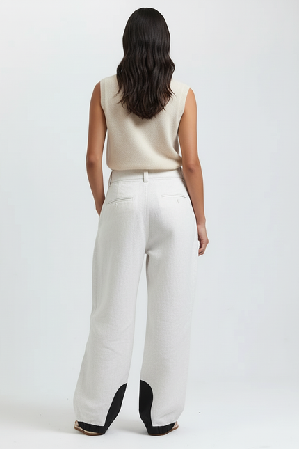 Pantalon Baggy Lin Clair Large Élégant Contrasté - Beige - vue 2