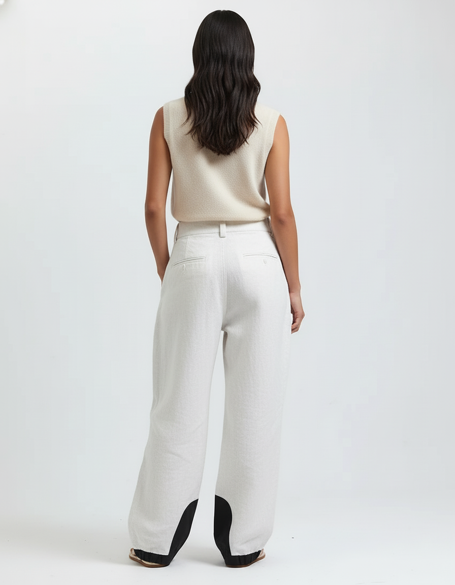 Pantalon Baggy Lin Clair Large Élégant Contrasté - Beige - vue 2