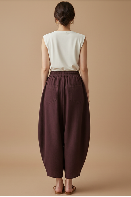 Pantalon Baggy Marron Ample Coton Femme Décontracté - vue 2