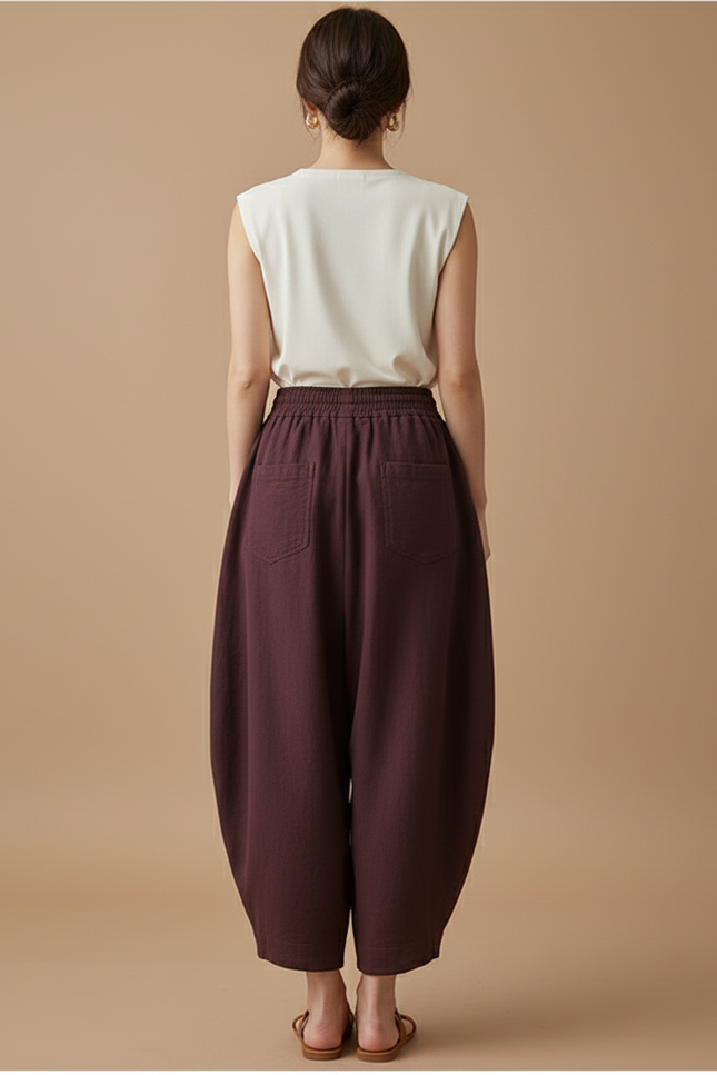Pantalon Baggy Marron Ample Coton Femme Décontracté - vue 2