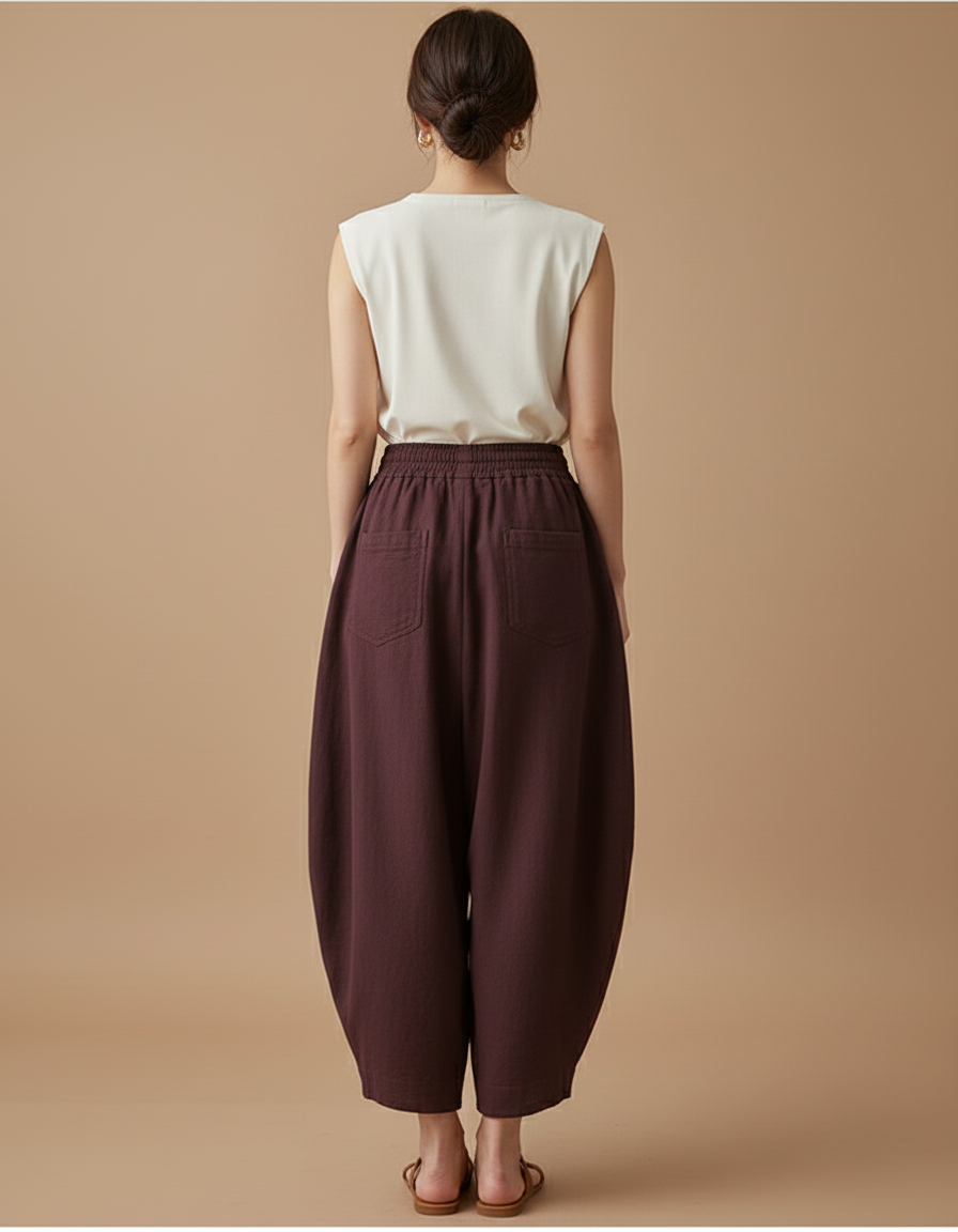 Pantalon Baggy Marron Ample Coton Femme Décontracté - vue 2
