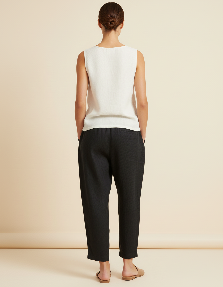 Pantalon Baggy Noir Lin Ample Cordon Fluide - vue 2