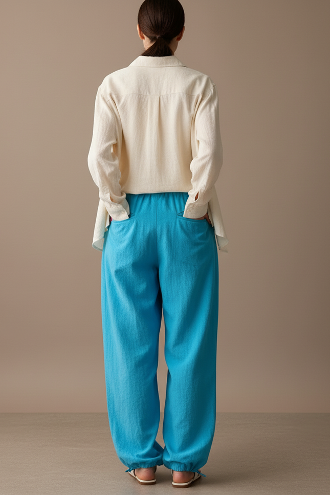 Pantalon Baggy Bleu Fluide Ample Décontracté Cordon - Lin - vue 2