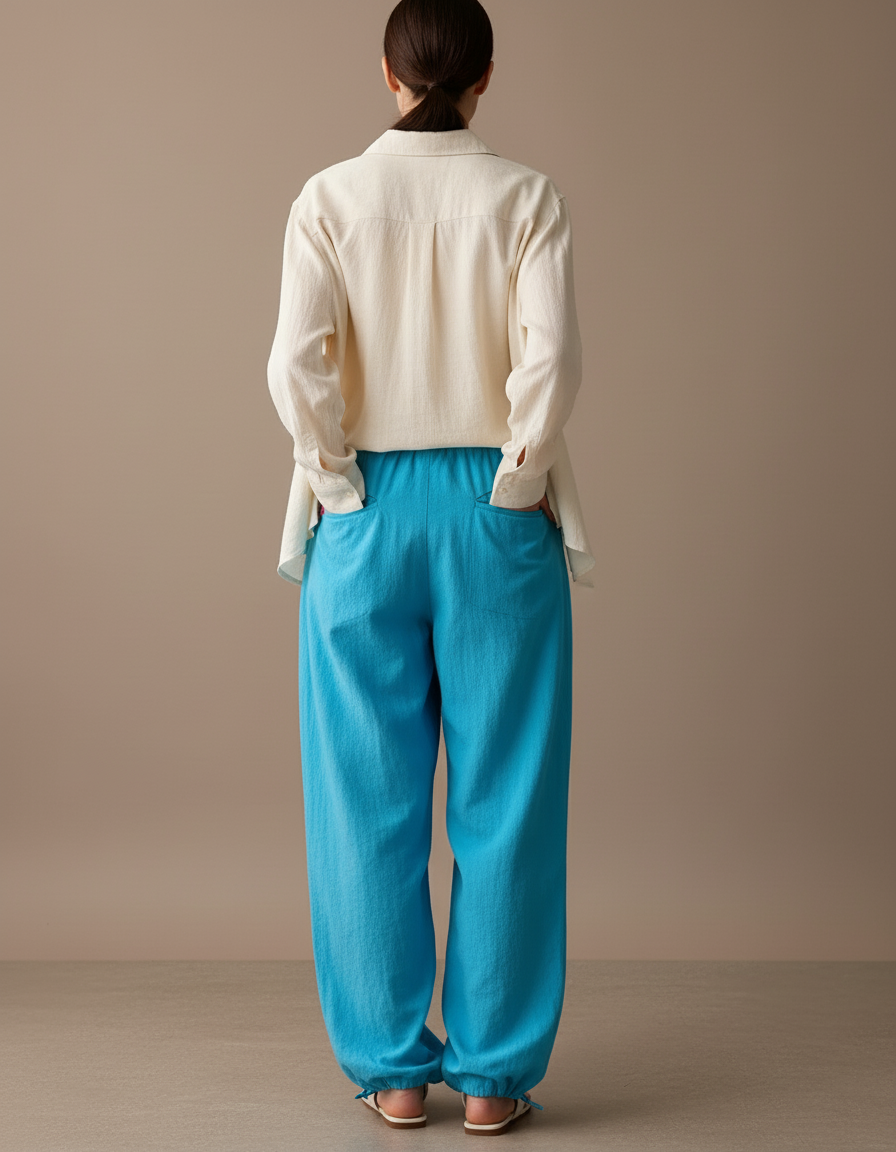 Pantalon Baggy Bleu Fluide Ample Décontracté Cordon - Lin - vue 2