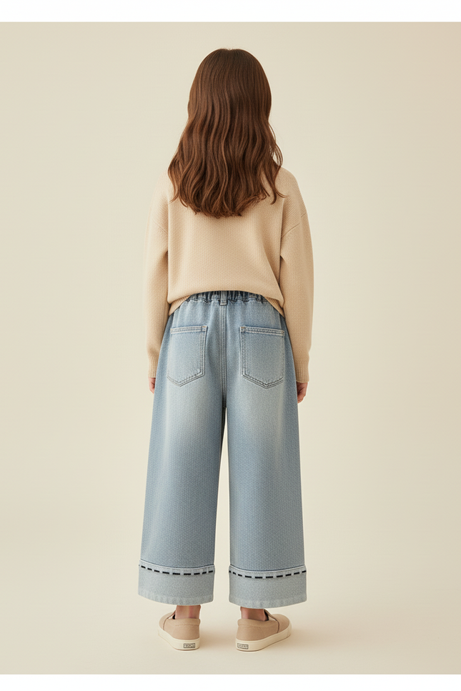 Pantalon Baggy Jean Bleu Délavé Ample Fille Brodé - vue 2