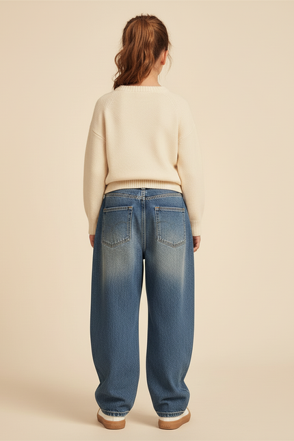 Pantalon Baggy Jean Bleu Ample Plissé Décontracté Fille - vue 2