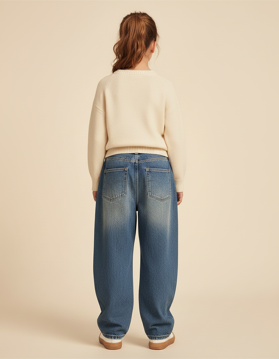 Pantalon Baggy Jean Bleu Ample Plissé Décontracté Fille - vue 2