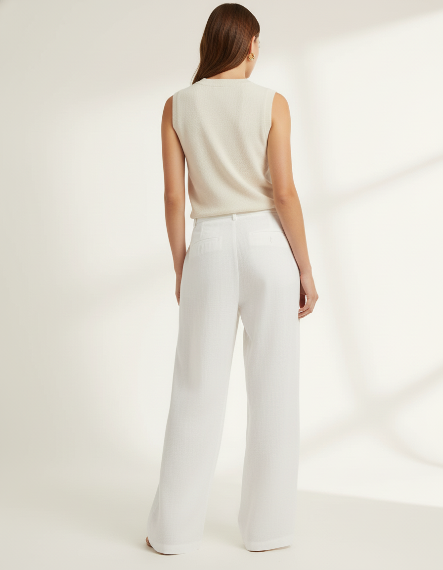 Pantalon Baggy Blanc Lin Plissé Ample Décontracté Fluide - vue 2