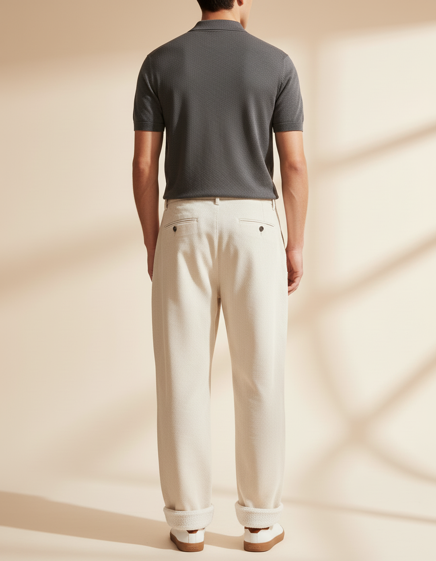 Pantalon Baggy Crème Côtelé Doublé Chaud Homme - Beige Cordé - vue 2