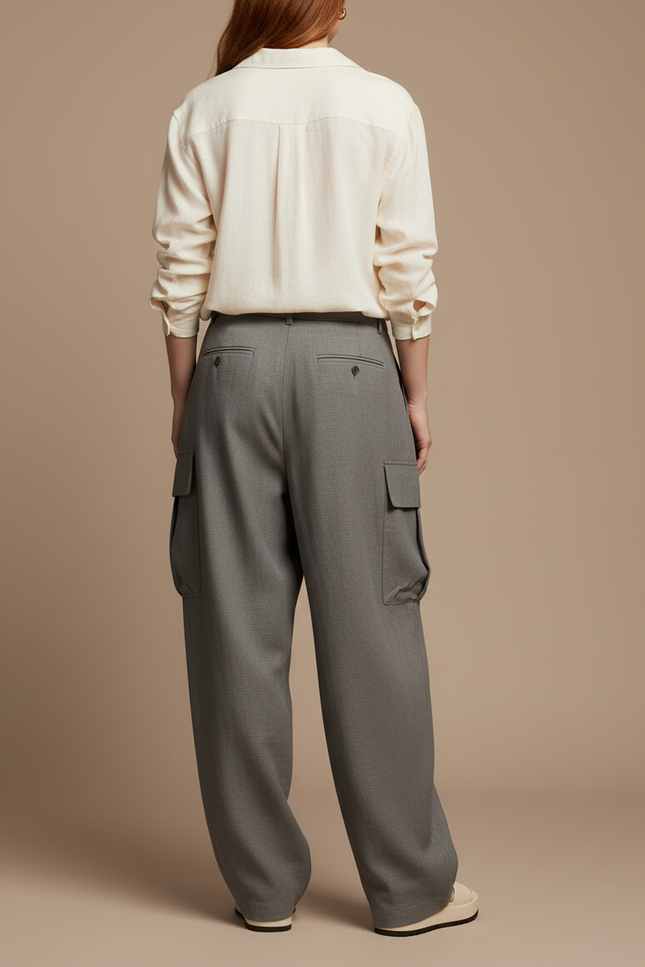 Pantalon Baggy Gris Plissé Ample Cargo Femme - Laine - vue 2