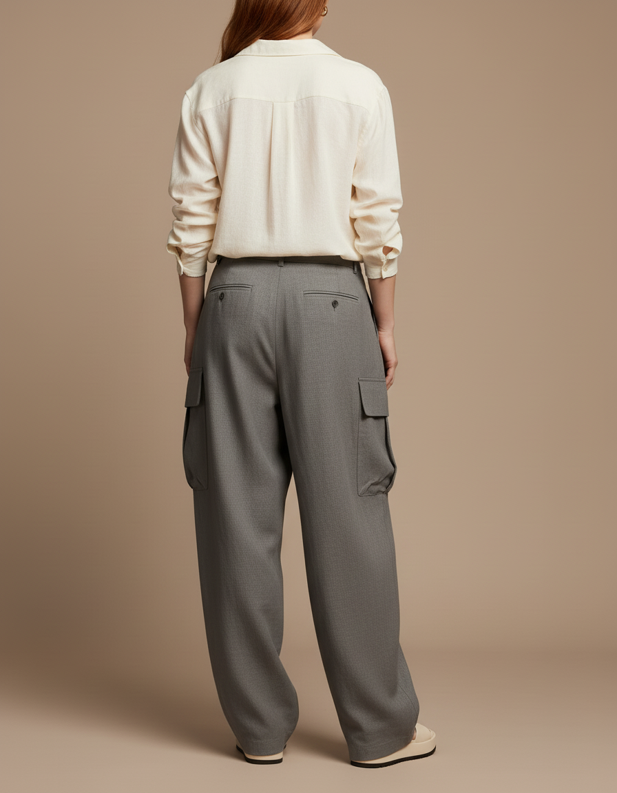 Pantalon Baggy Gris Plissé Ample Cargo Femme - Laine - vue 2