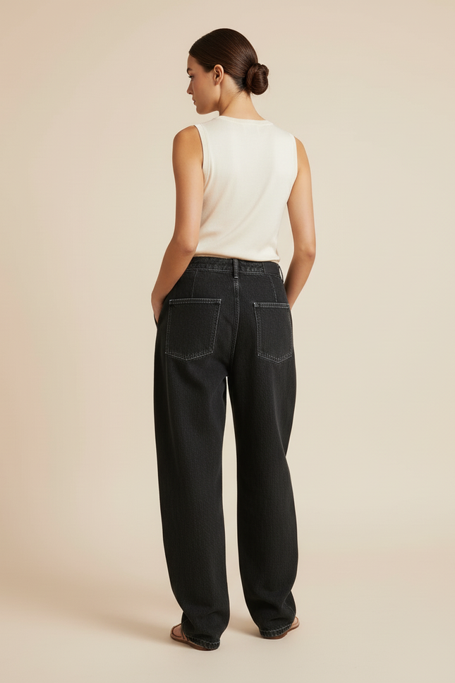 Pantalon Baggy Noir Brodé Large Décontracté Femme - Jean - vue 2