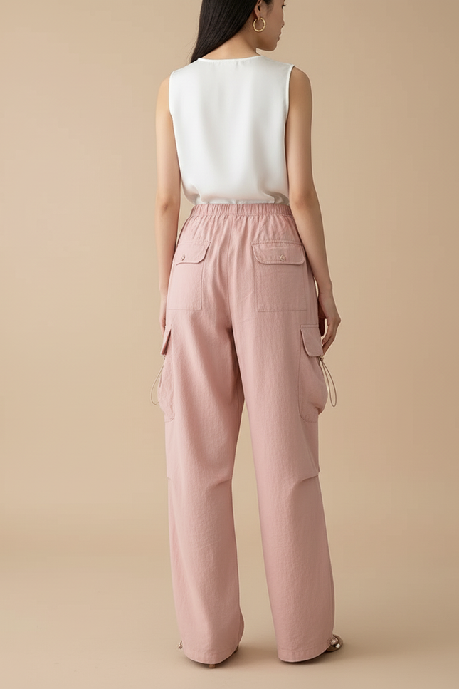 Pantalon Baggy Rose Cargo Ample Décontracté Femme - Toile - vue 2