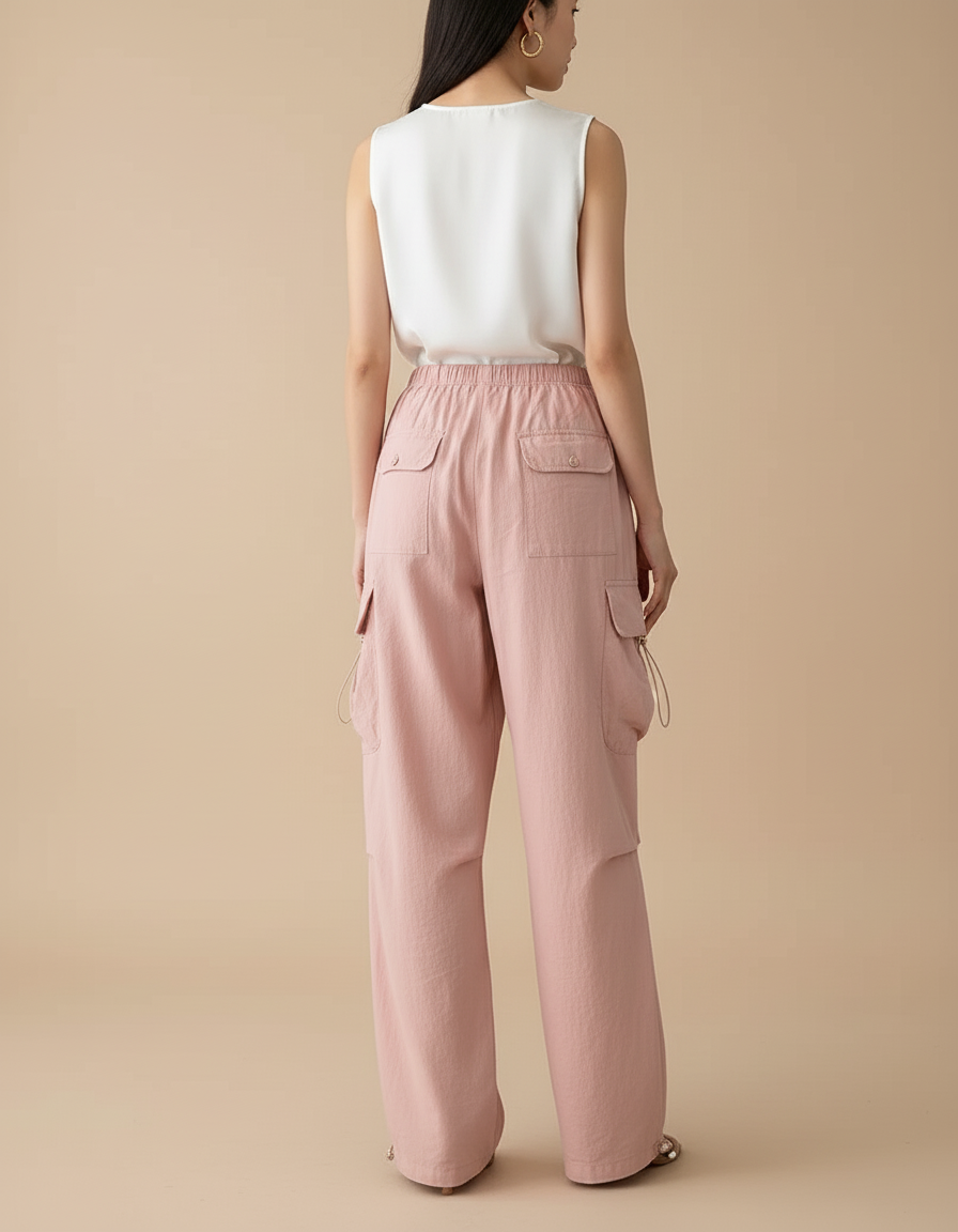 Pantalon Baggy Rose Cargo Ample Décontracté Femme - Toile - vue 2