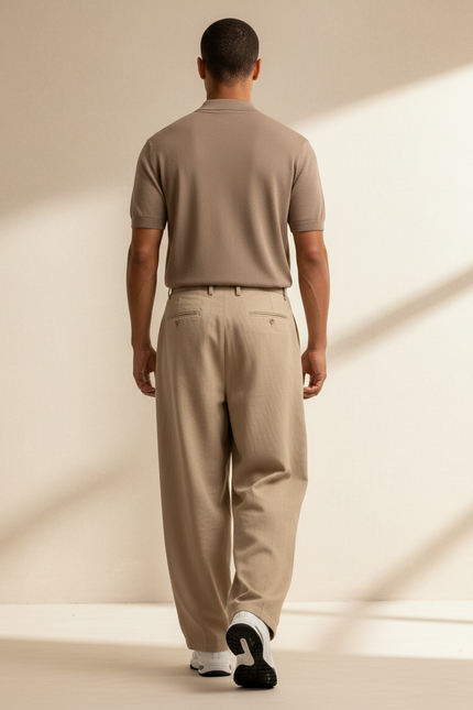 Pantalon Baggy Beige Coton Ample Plissé Décontracté Homme - vue 2