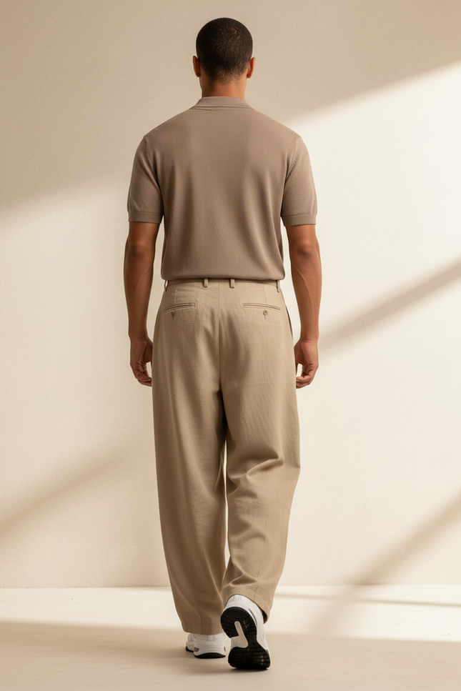 Pantalon Baggy Beige Coton Ample Plissé Décontracté Homme - vue 2