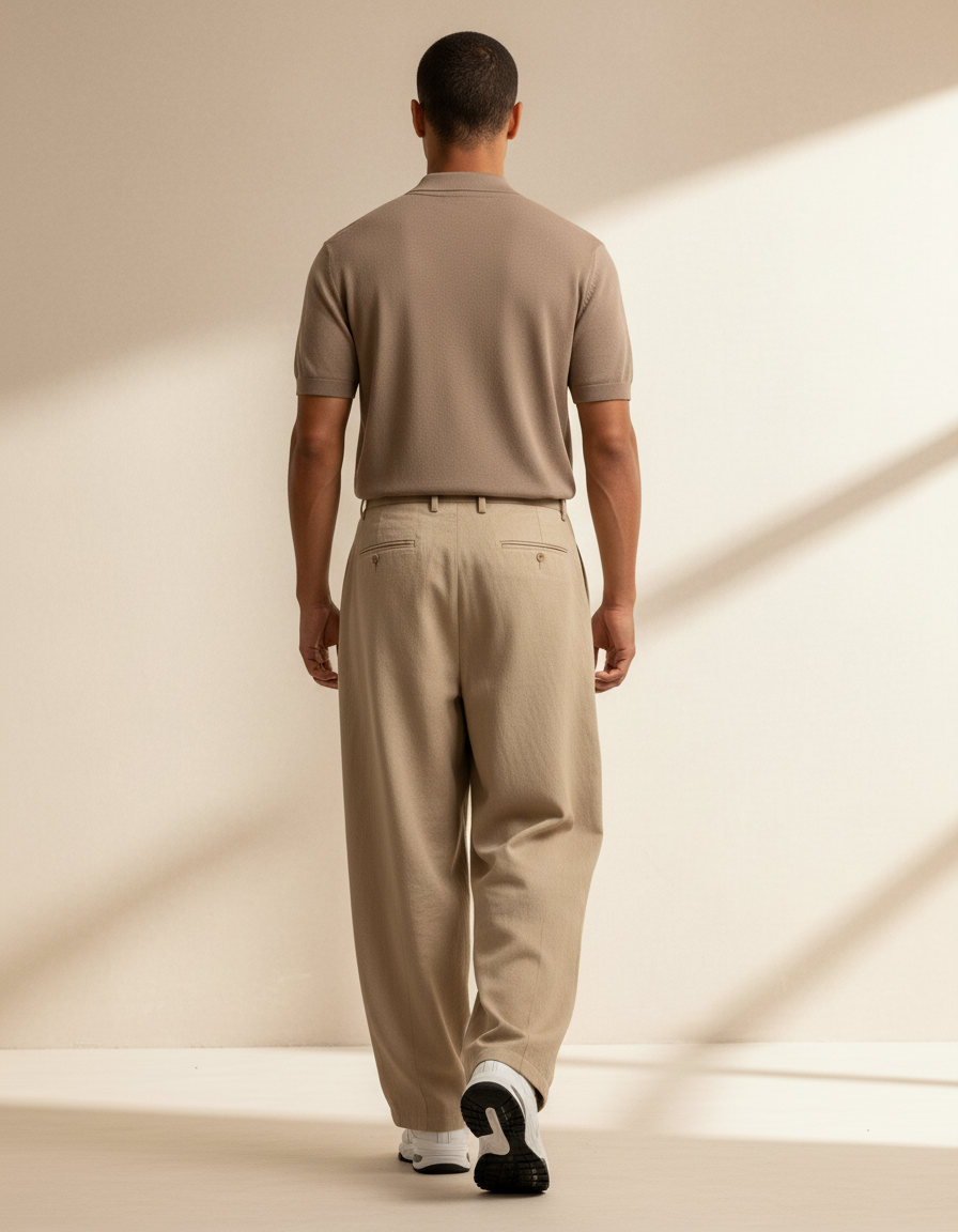 Pantalon Baggy Beige Coton Ample Plissé Décontracté Homme - vue 2
