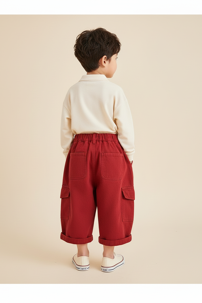 Pantalon Baggy Rouge Coton Ample Cargo Enfant - vue 2