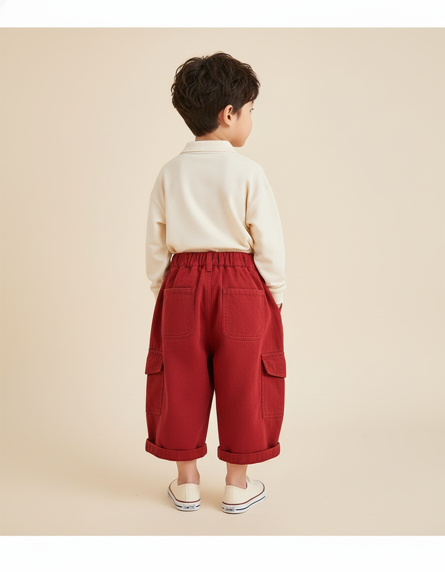 Pantalon Baggy Rouge Coton Ample Cargo Enfant - vue 2