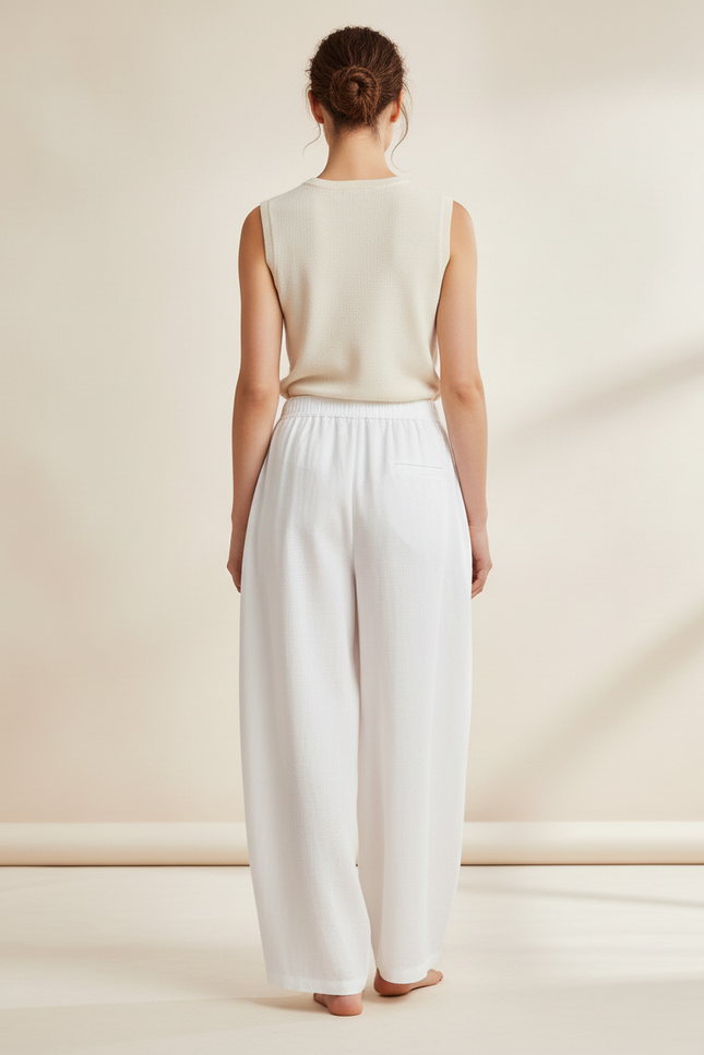 Pantalon Baggy Blanc Lin Ample Fluide Décontracté Femme - vue 2