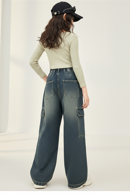 Pantalon Baggy Jean Cargo Délavé Ample Fille - Bleu - vue 2