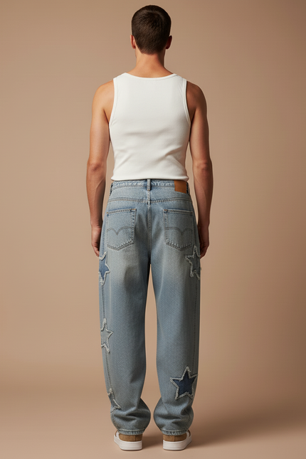 Pantalon Baggy Jean Bleu Étoiles Délavé Ample Homme - vue 2