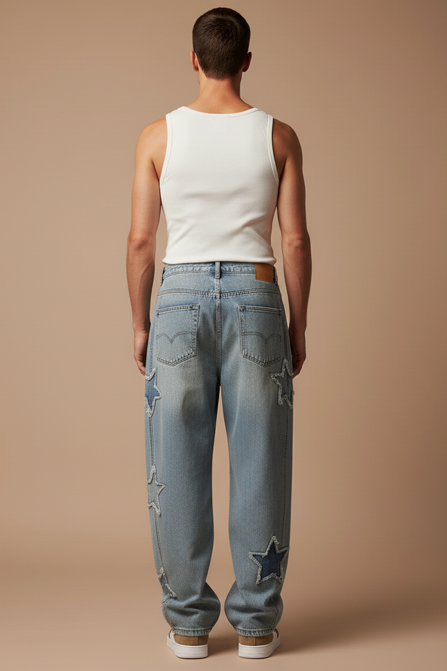 Pantalon Baggy Jean Bleu Étoiles Délavé Ample Homme - vue 2