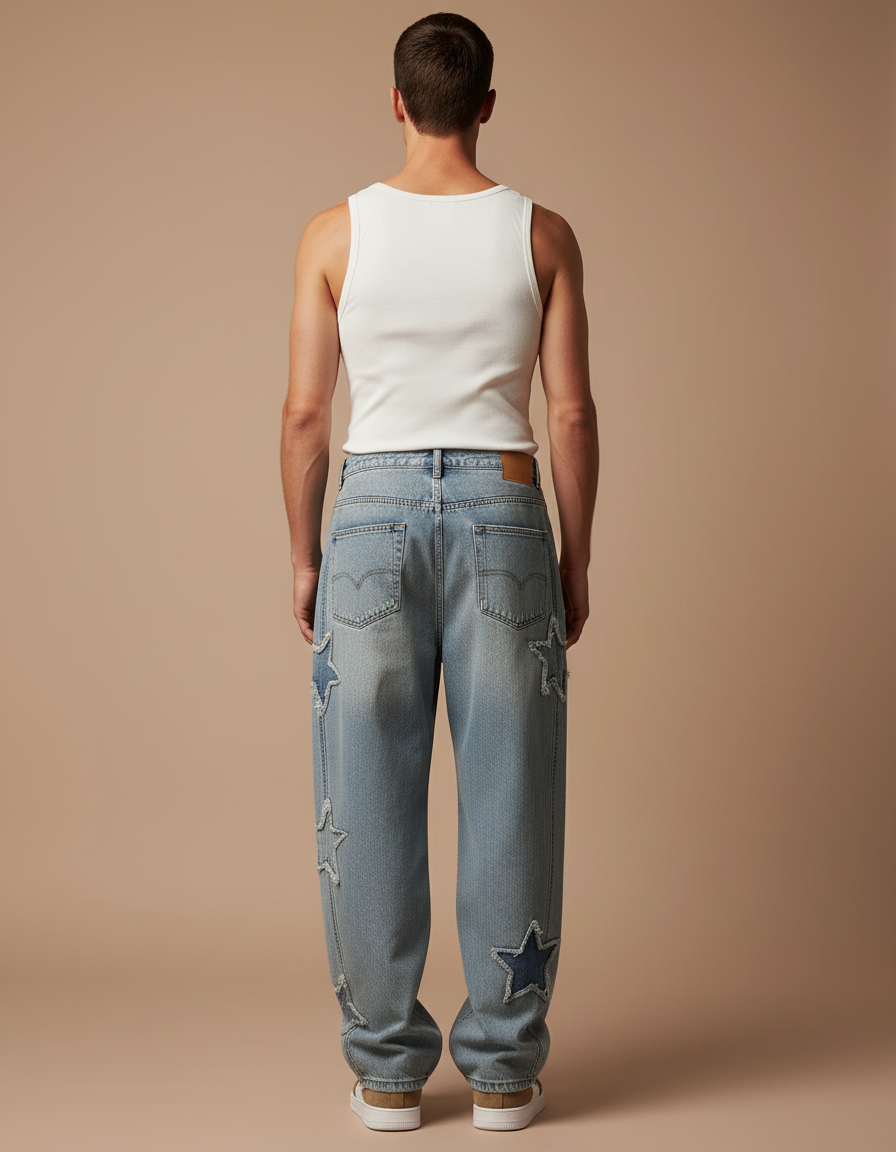 Pantalon Baggy Jean Bleu Étoiles Délavé Ample Homme - vue 2