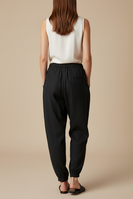 Pantalon Baggy Noir Lin Cordon Ample Décontracté Femmes - vue 2