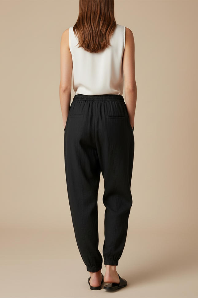 Pantalon Baggy Noir Lin Cordon Ample Décontracté Femmes - vue 2