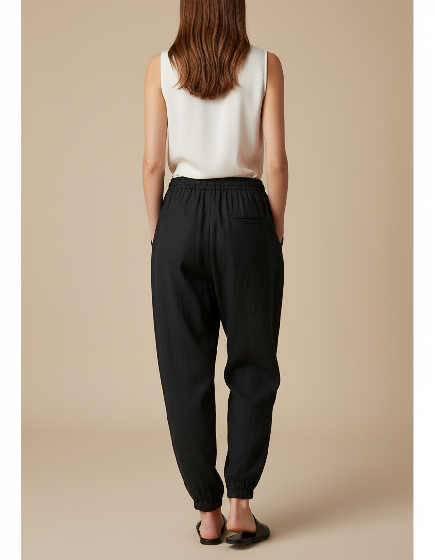 Pantalon Baggy Noir Lin Cordon Ample Décontracté Femmes - vue 2