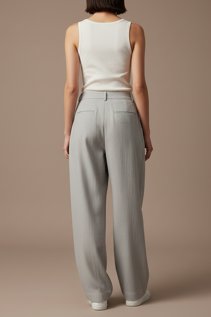Pantalon Baggy Femme Gris Taille Haute - Laine - vue 2