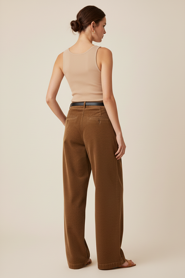 Pantalon Baggy Marron Côtelé Ample Taille Haute Élégant - Cordé - vue 2