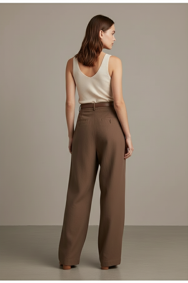 Pantalon Baggy Marron Plissé Ample Décontracté Femme - Lin - vue 2