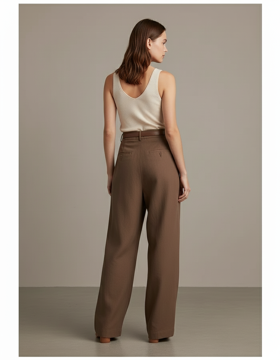 Pantalon Baggy Marron Plissé Ample Décontracté Femme - Lin - vue 2