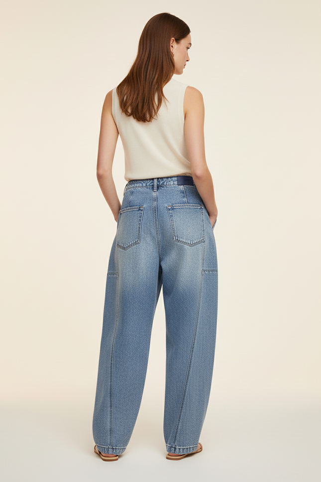 Pantalon Baggy Jean Bleu Délavé Ample Décontracté Cordon - vue 2