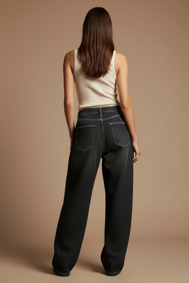 Pantalon Baggy Noir Brodé Ample Streetwear Y2K - Jean - vue 2