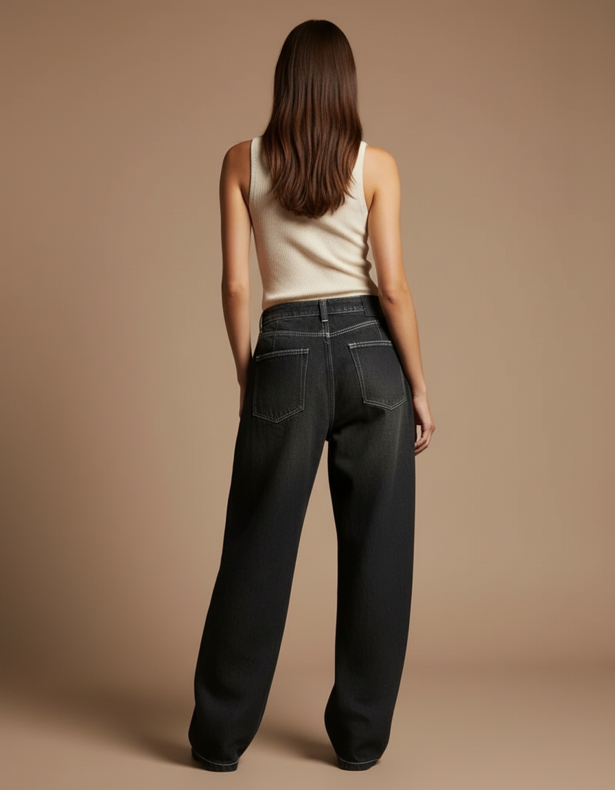 Pantalon Baggy Noir Brodé Ample Streetwear Y2K - Jean - vue 2