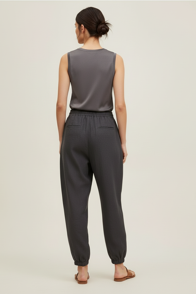 Pantalon Baggy Gris Anthracite Lin Ample Cordon Fluide - vue 2